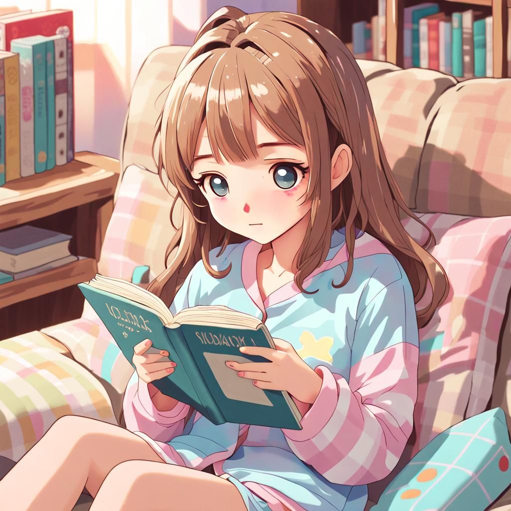 Anime Girl Reading Book in Cozy Kawaii Style