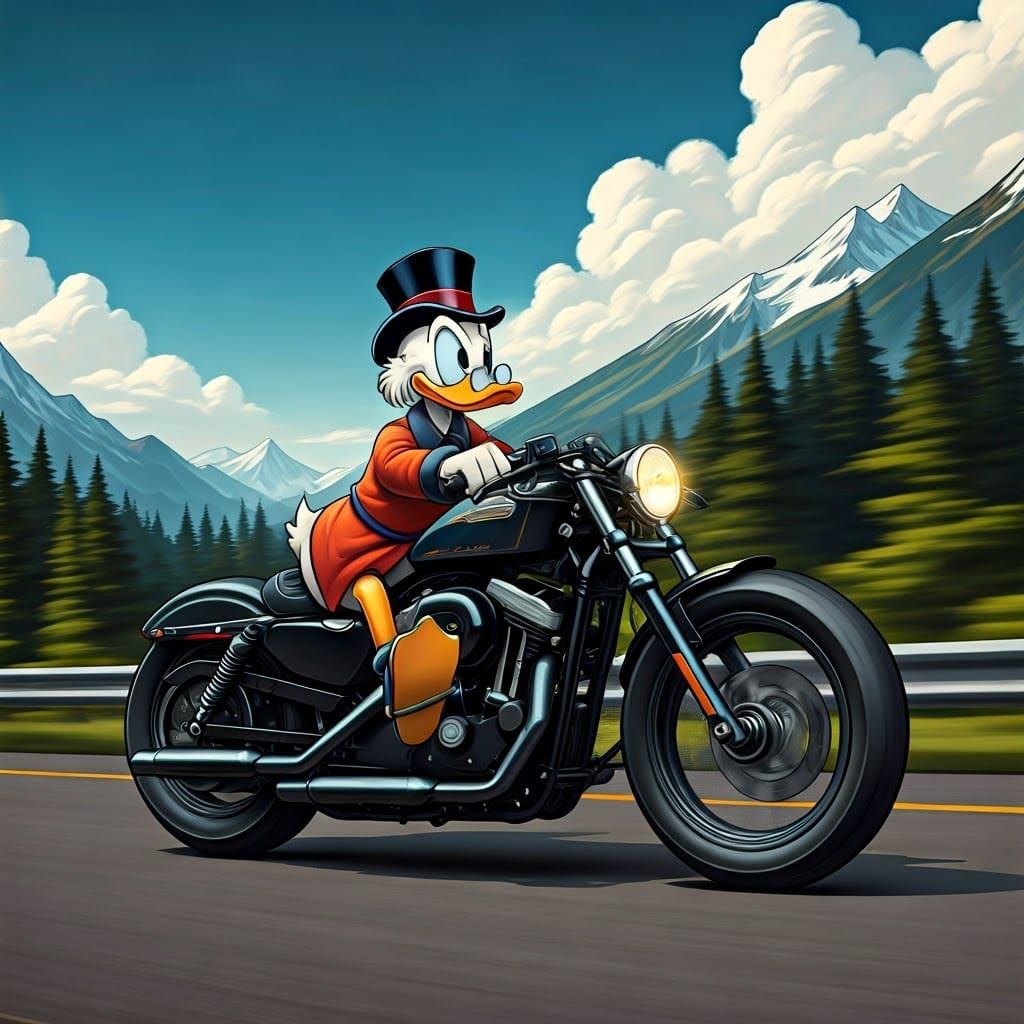 Scrooge McDuck Riding a Harley through Futuristic Mountains