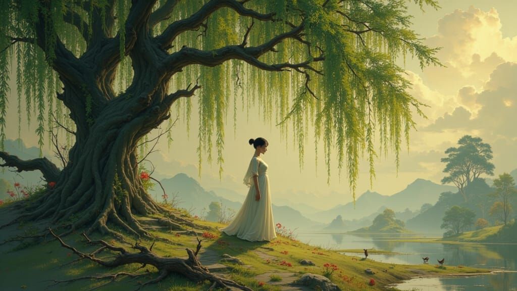 Serene Figure Under Weeping Willow Tree Portrait