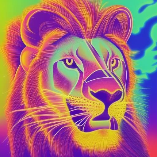 Synthwave Neon Lion in Lightning Storm