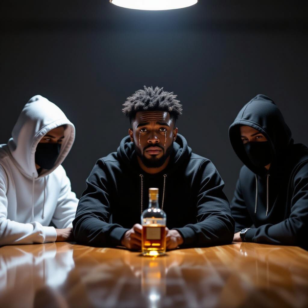 Man in Distress with Mysterious Figures at Table