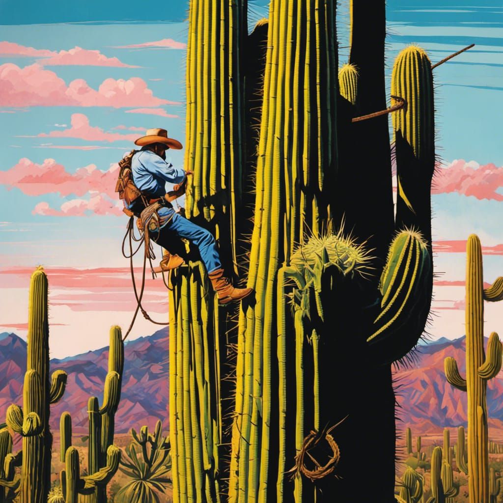 Cowboy Climbs Giant Saguaro in Graffiti Art Style