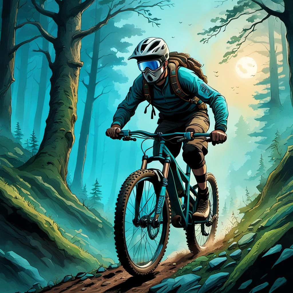Mountain Biker on Misty Trail, Fantasy Illustration