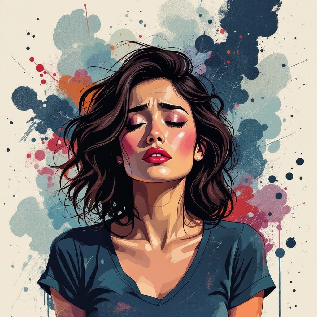 Distressed Woman Surrounded by Chaos in Inked Lines