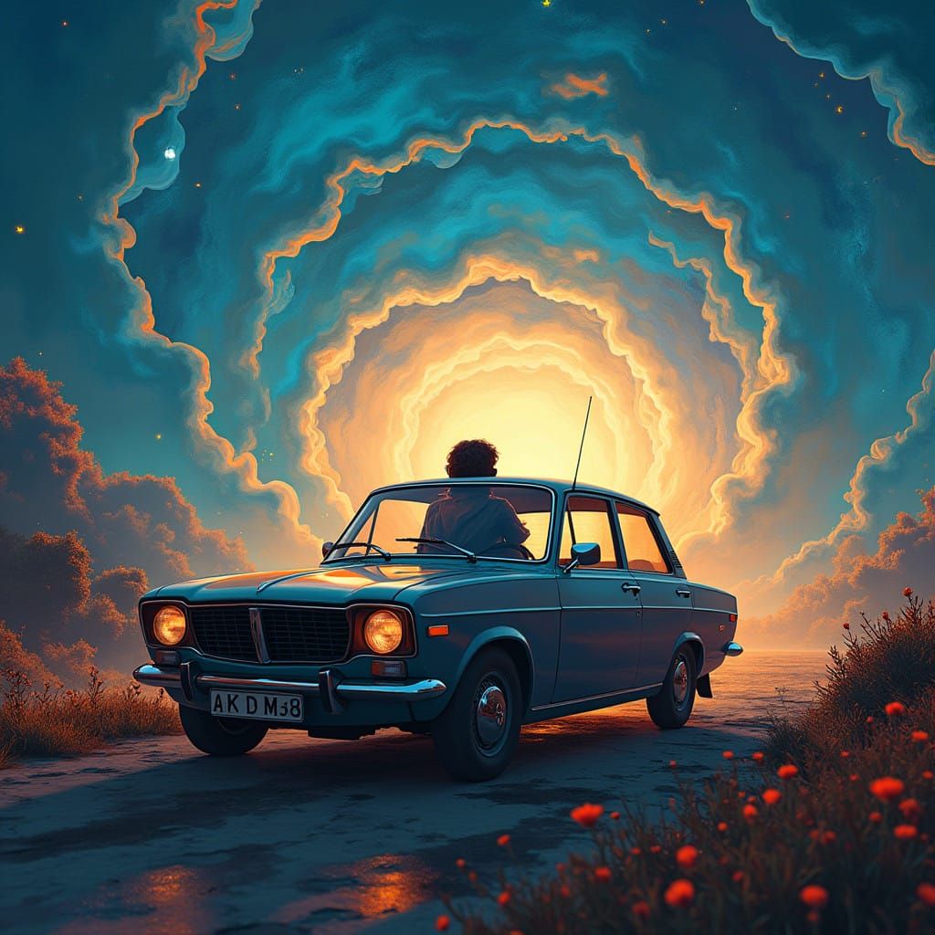 Autistic Driver in Dreamlike Opel Corsa B Landscape