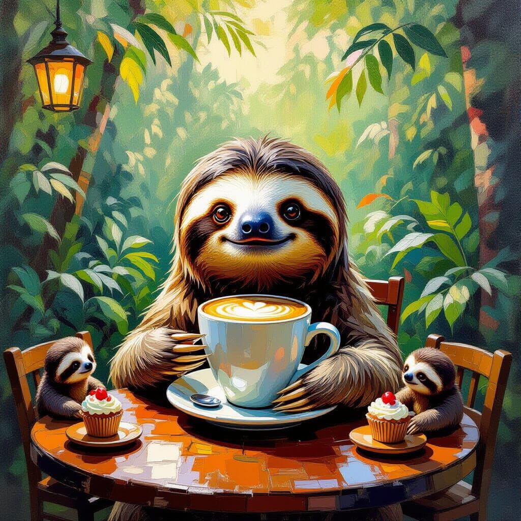 Sloth Cafe Scene in Neo-Impressionist Style