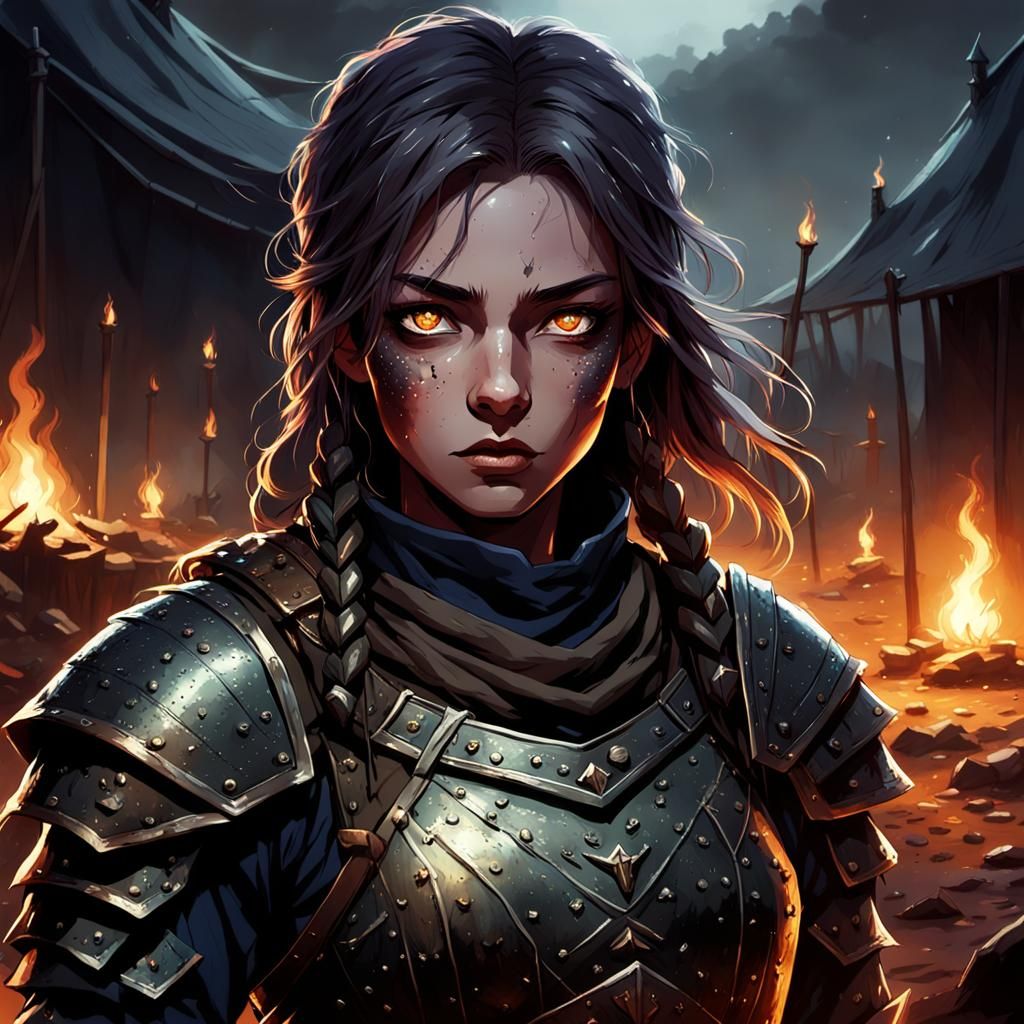 Anime Soldier Woman in Dark Fantasy Medieval Camp