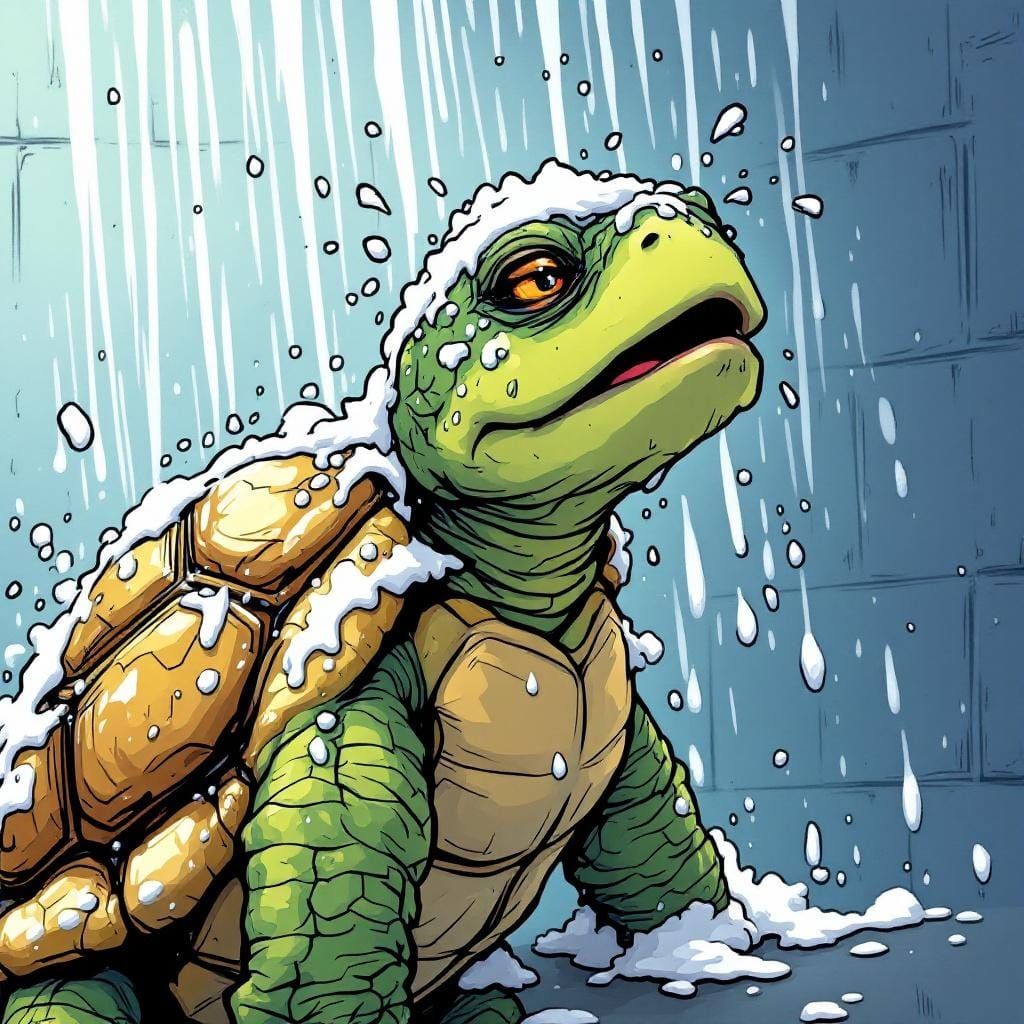 Turtle's Shower Serenade: A Comic Illustration