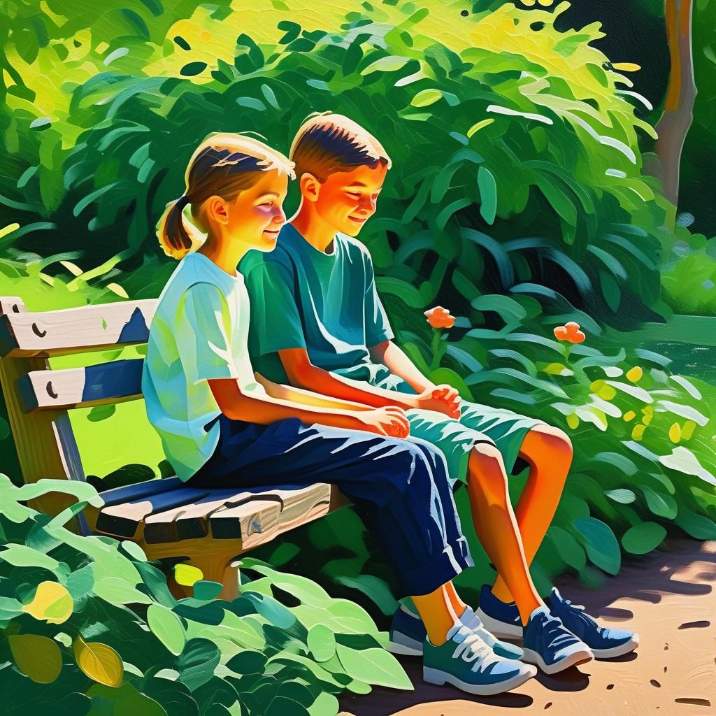 Brother and Sister in Lush Garden, Gouache Impasto