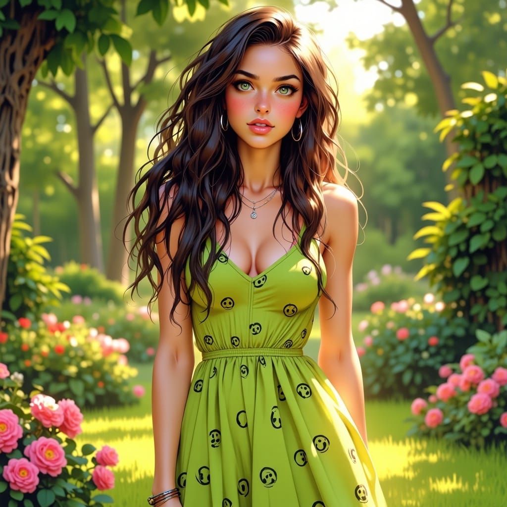 Radiant Woman in Green Dress, Anime Style