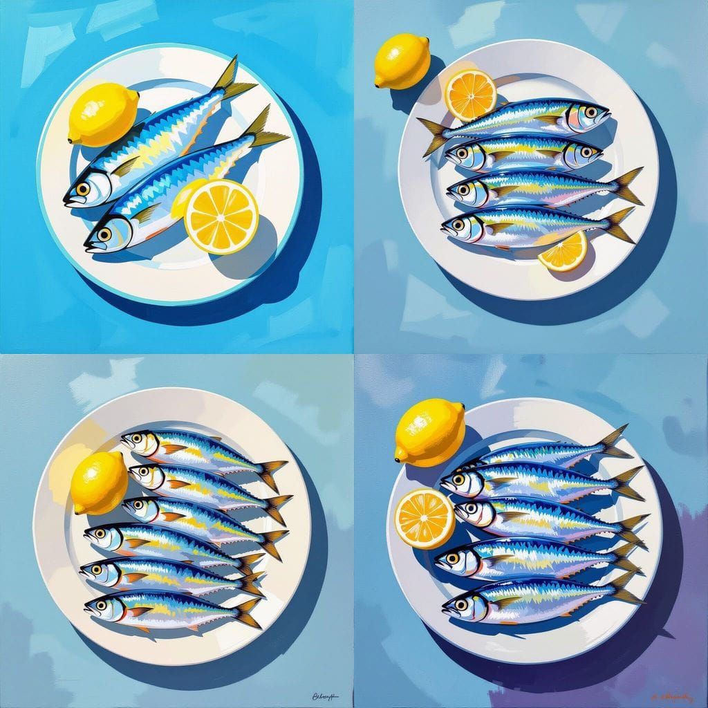 Stylized Sardines Still Life with Lemon in Neo-Impressionist...