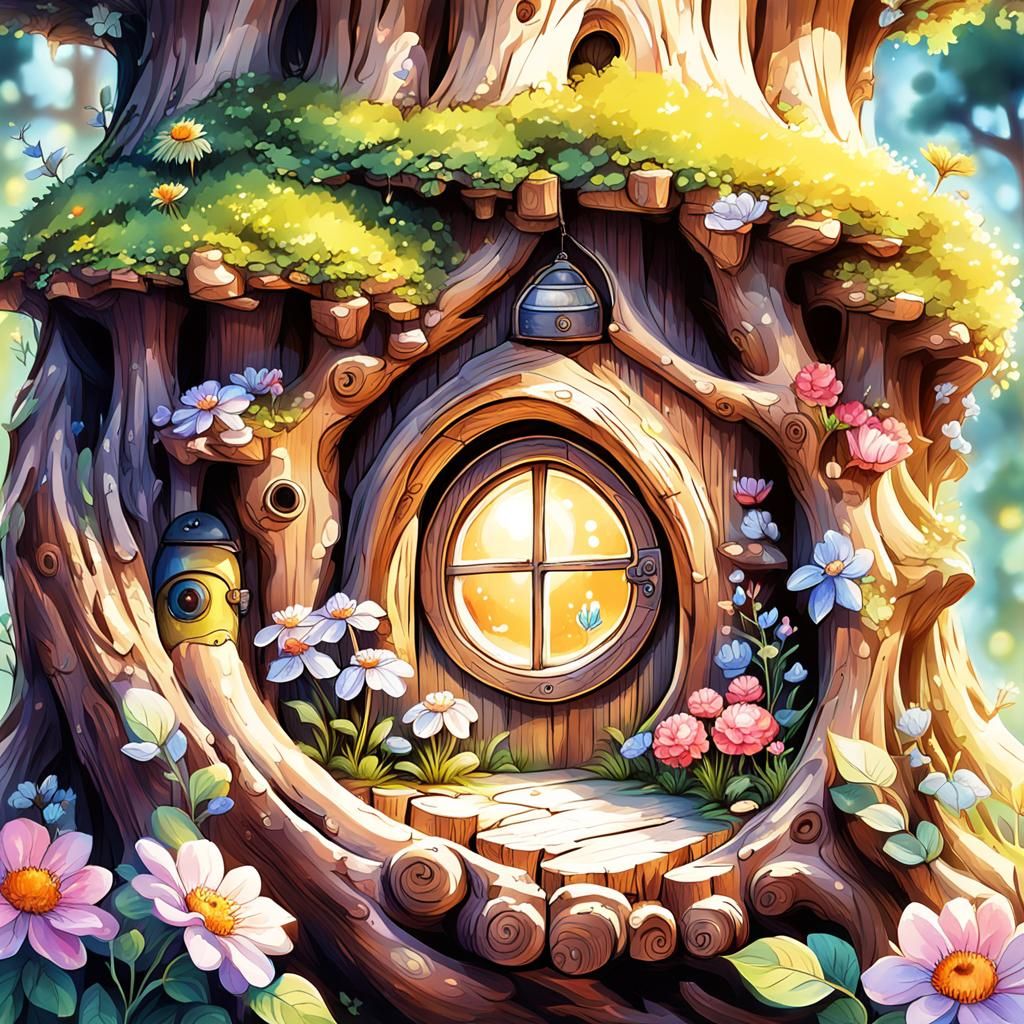 Enchanting Fairy-Tale House in Tree Trunk, Digital Watercolo...