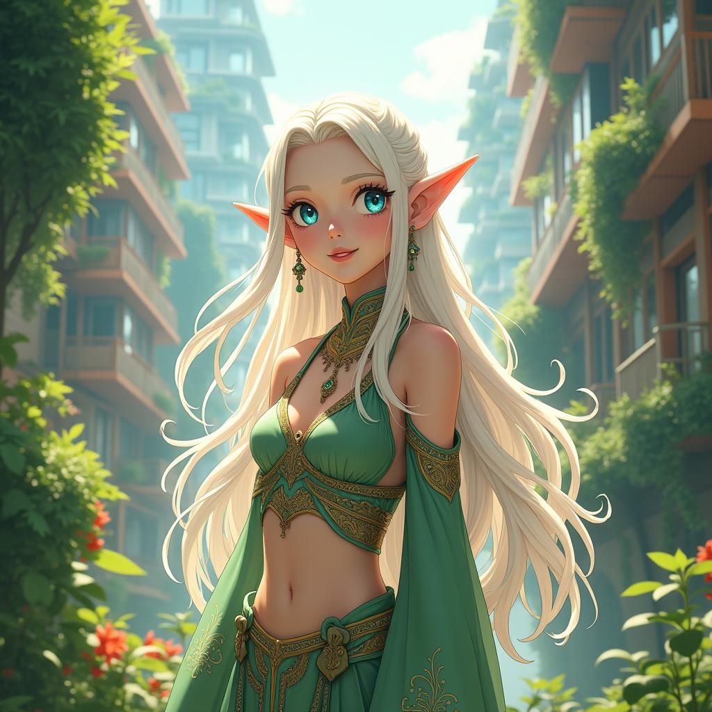 Elven Woman Smiling in Solarpunk City