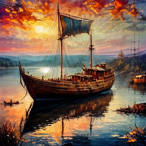 Fishing Boat with Fishermen and Fish in the Sea