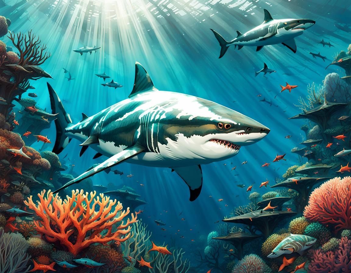 Great White Shark Over Coral Reef Digital Painting