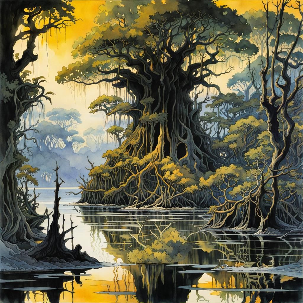 Pirate Bay Mangrove: Watercolor Painting with Ink