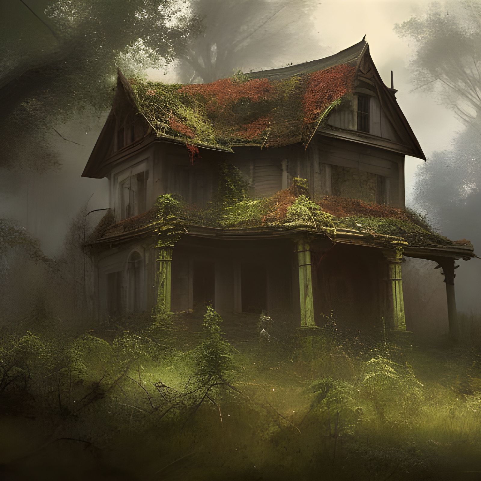 Overgrown Victorian Mansion in Forest, Detailed Concept Art