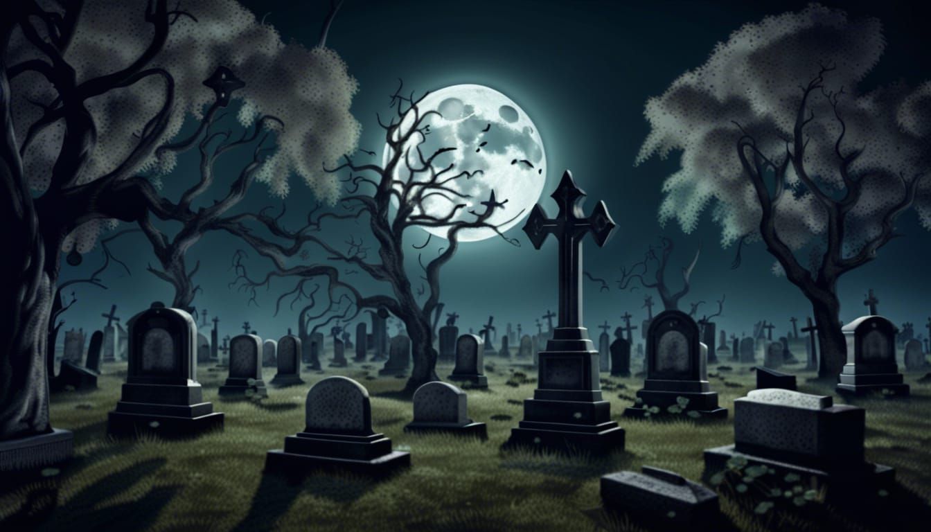 Full Moon Over Old Cemetery in Fantasy Horror Style
