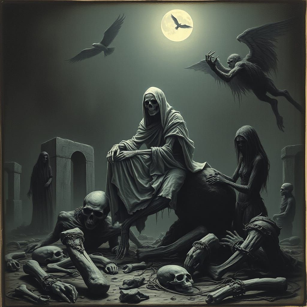 Spectral Figure in Moonlit Gathering: Dark Fantasy Art