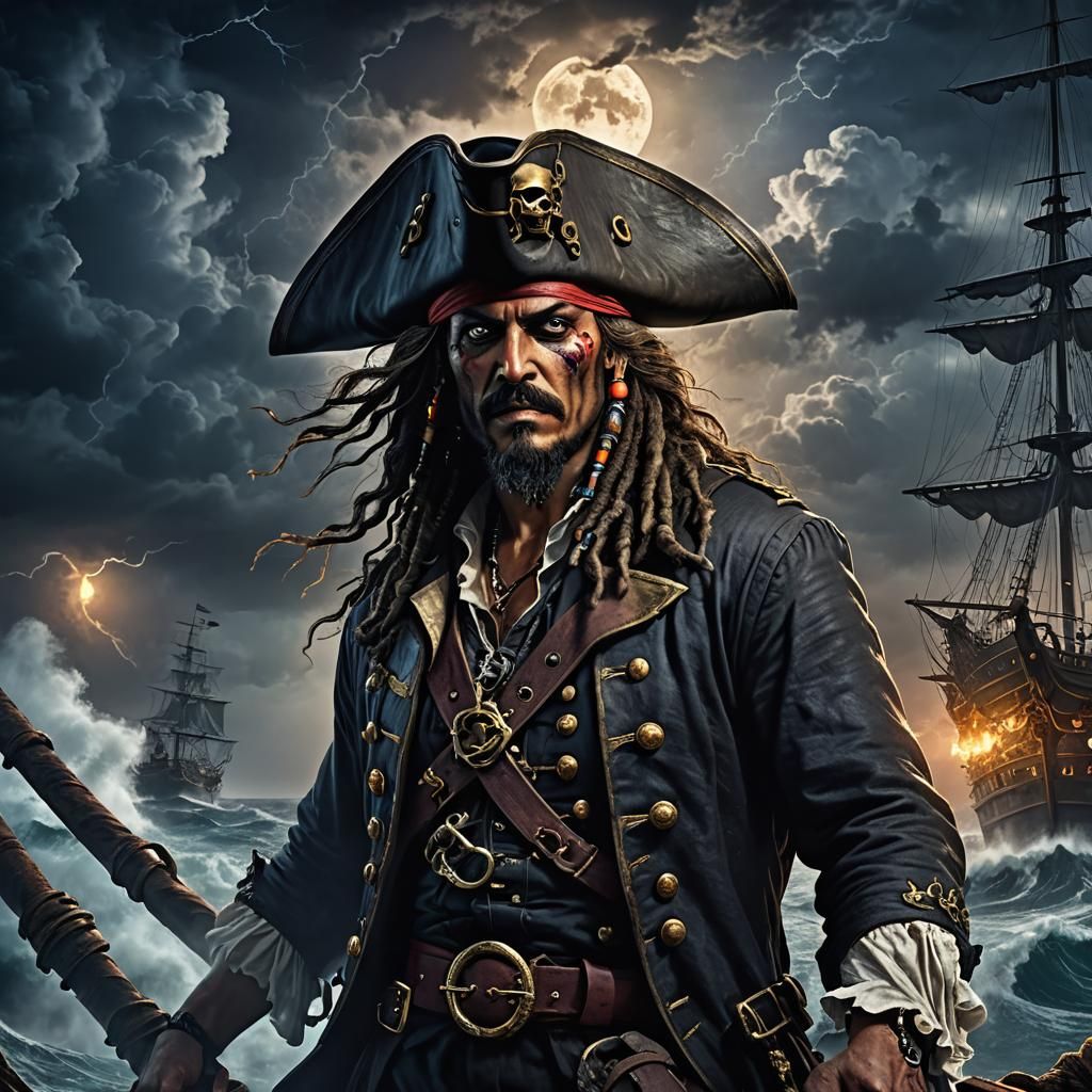 Fearsome Pirate Captain on Stormy Seas: Digital Artwork