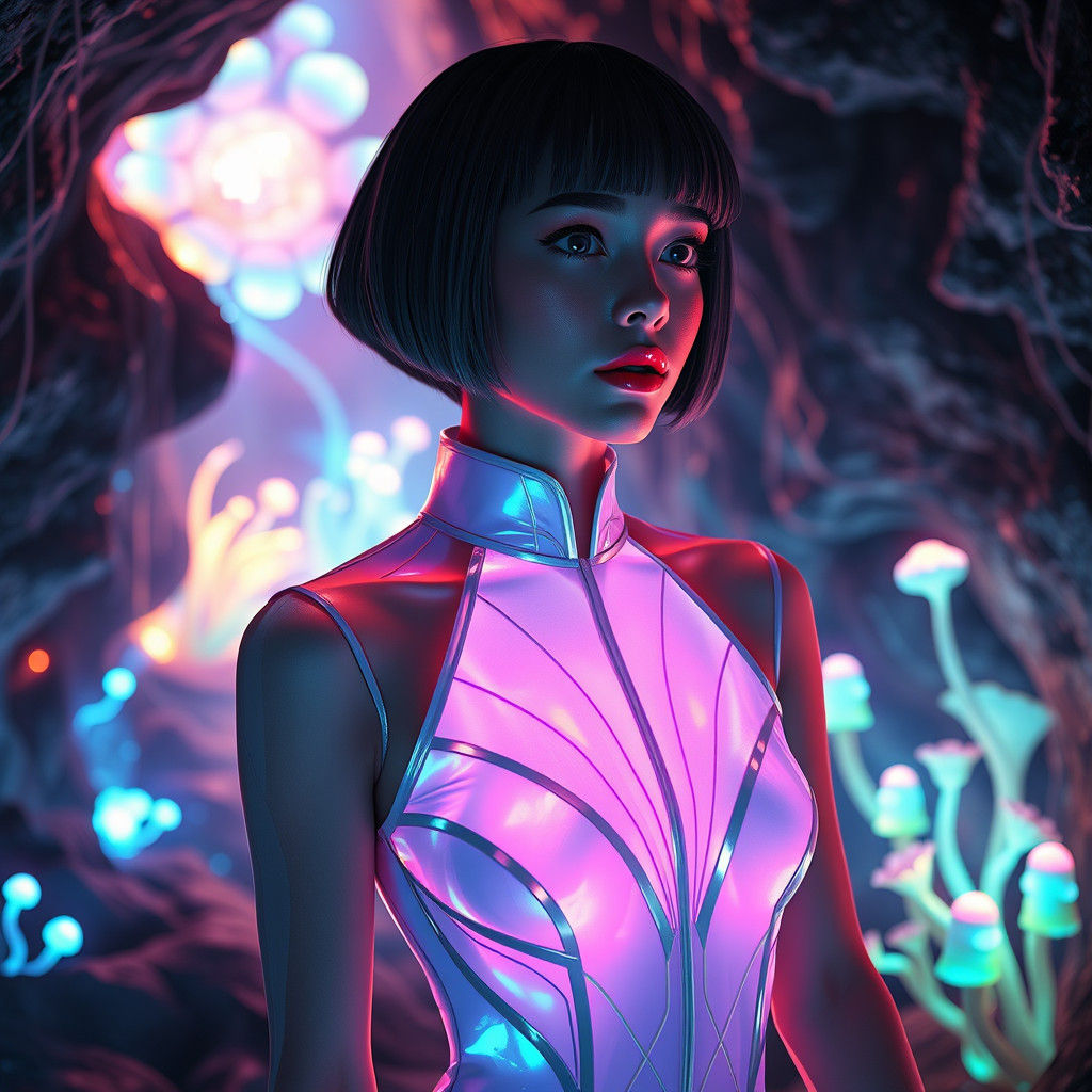 Bioluminescent Jumpsuit in a Surreal Underground World