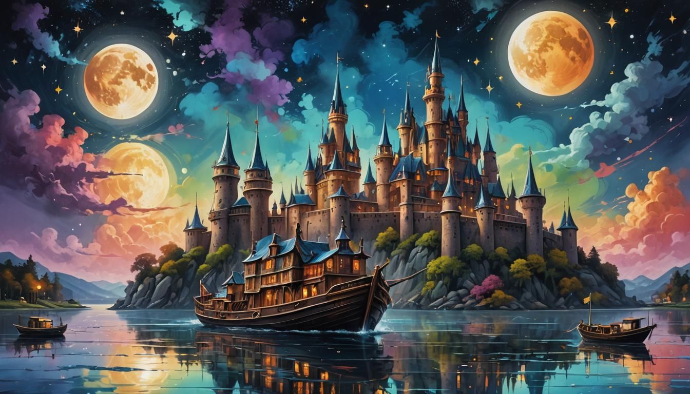 Fantasy Boat Castle on Tranquil Waters in Graffiti Style