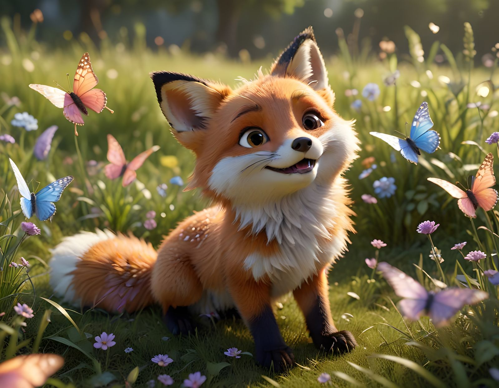Whimsical Fox Surrounded by Vibrant Butterflies in a Sunny M...