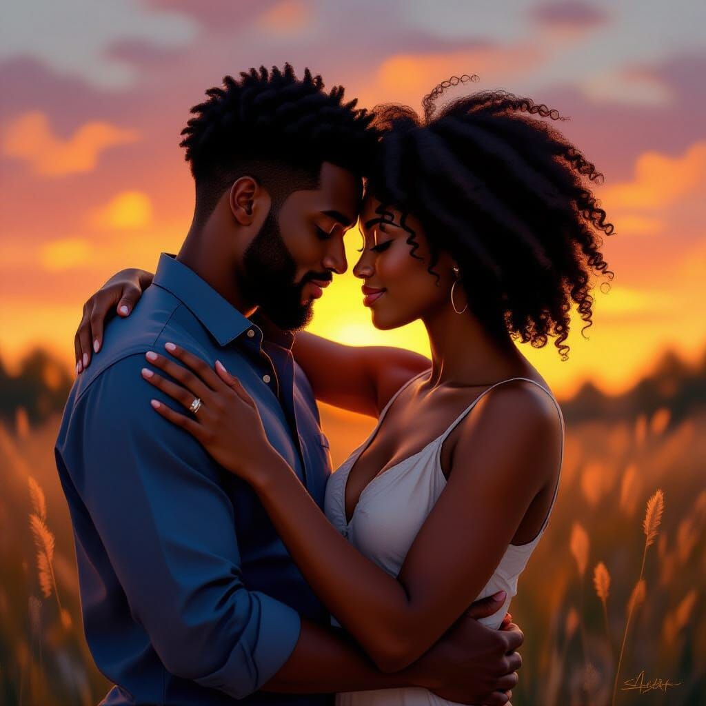 Black Lovers Embrace in Golden Sunset Light