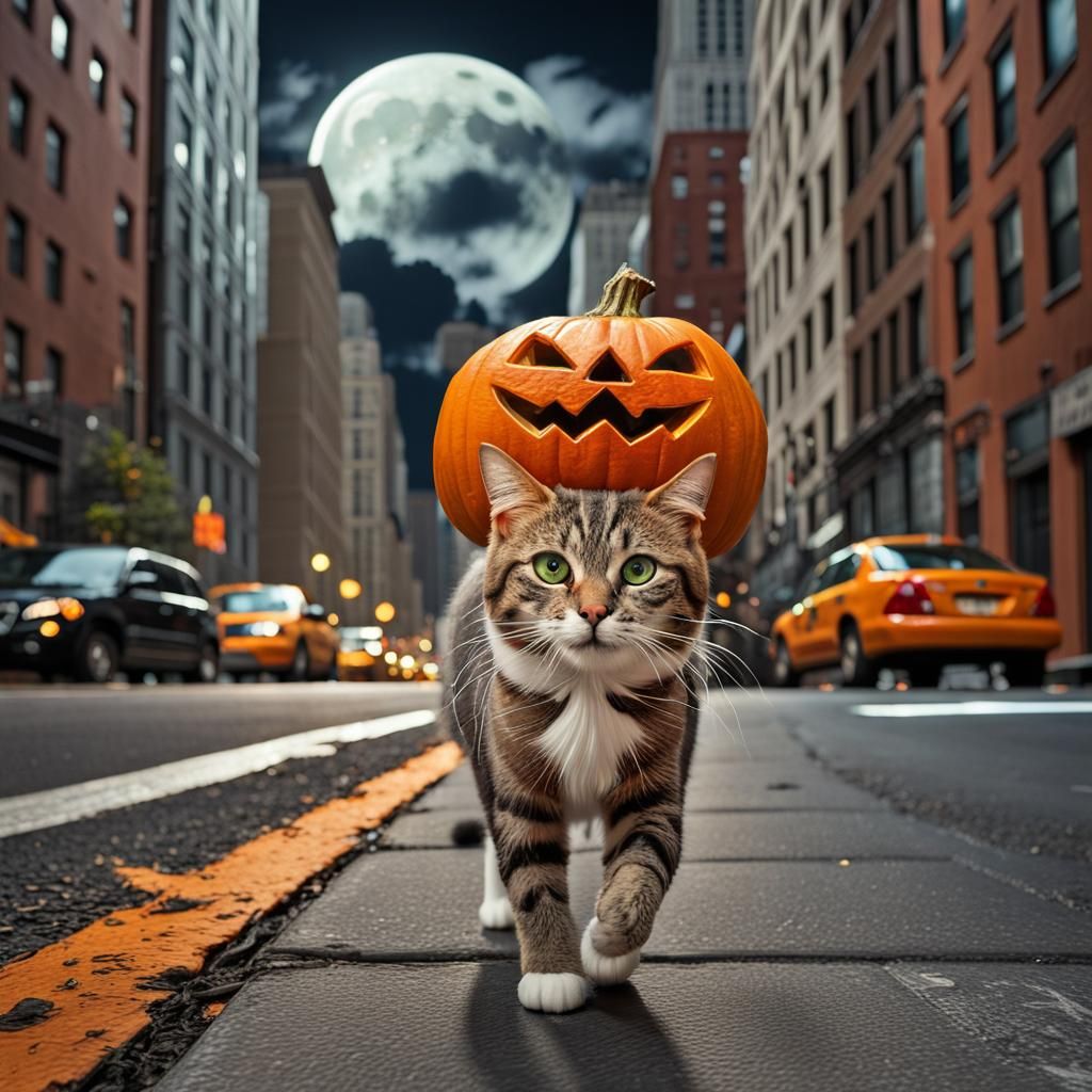 Cat in Pumpkin Mask Walks New York Street at Night