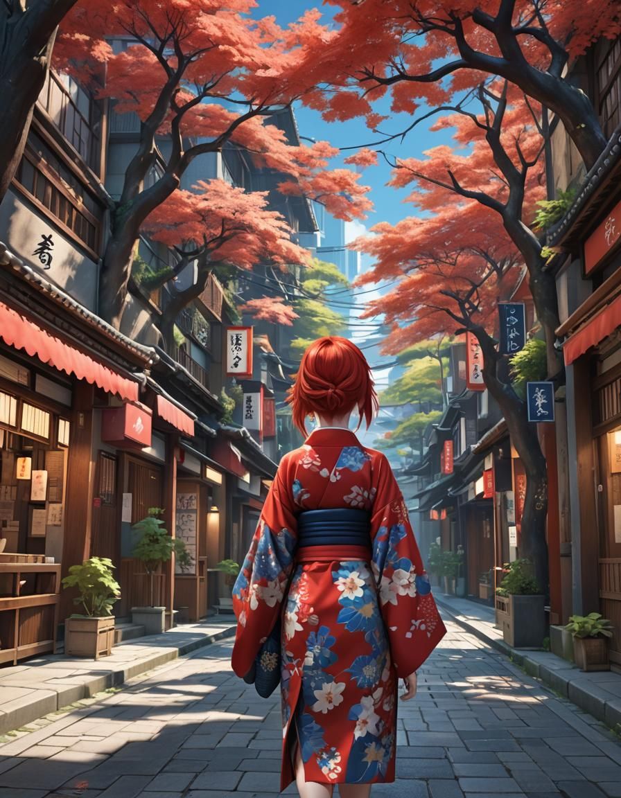 Red Kimono Woman in Anime Style Street Scene