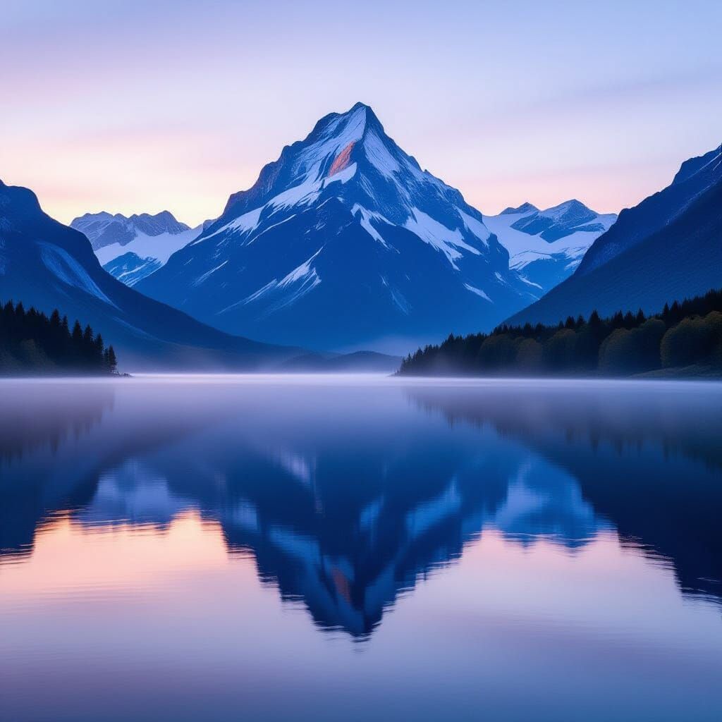 Serene Mountain Lake at Dawn with Misty Reflections