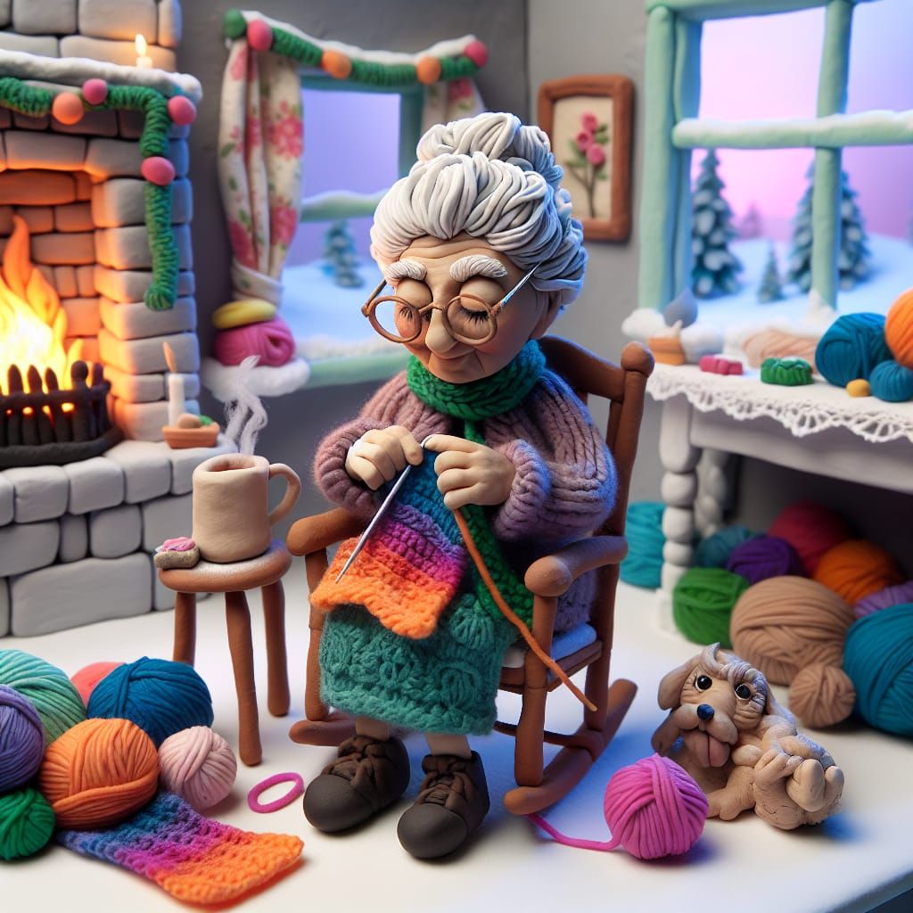 Cozy Claymation Scene of Elderly Woman Knitting by the Firep...