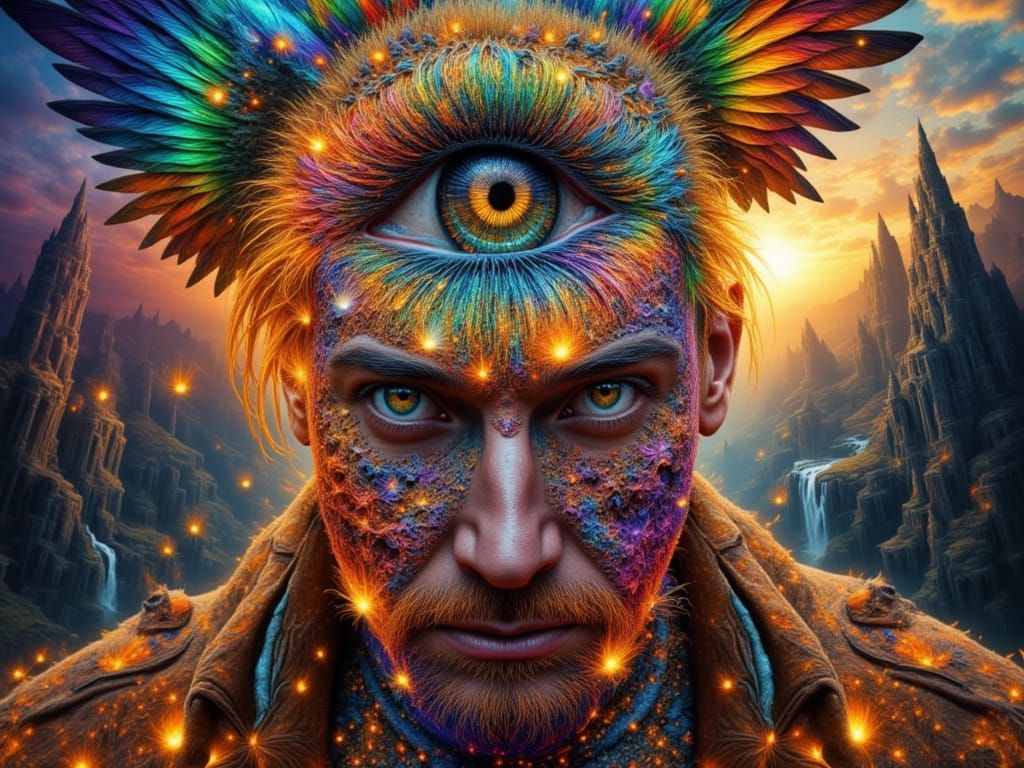 Fractal Man with Rainbow Macaw Feathers and Eclipse Lightnin...