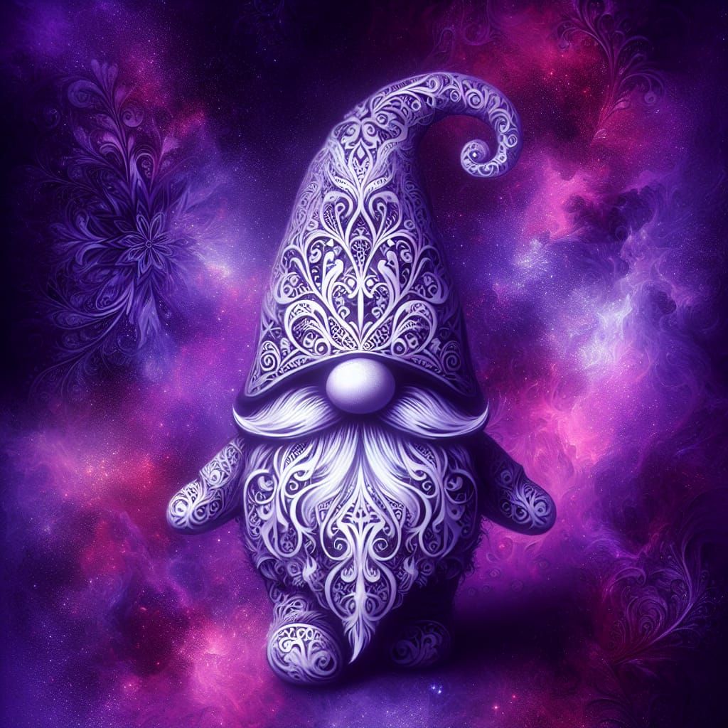 Filigree White Gnome on Deep Purple Backdrop