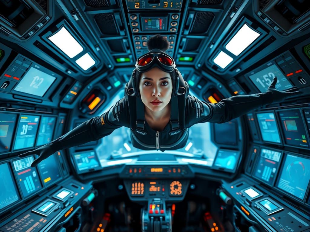 Weightless Pilot in Futuristic Spaceship Interior