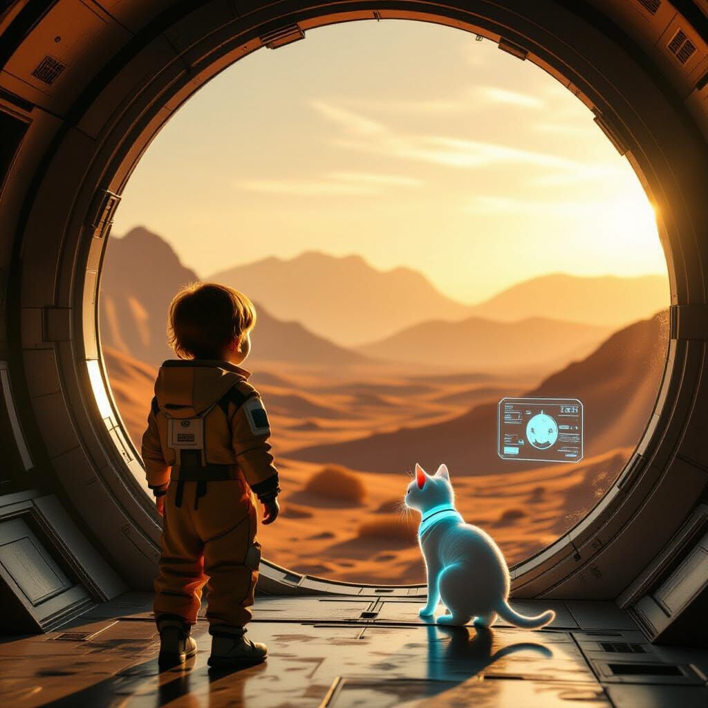 Child and Cyborg Cat on Terraformed Mars