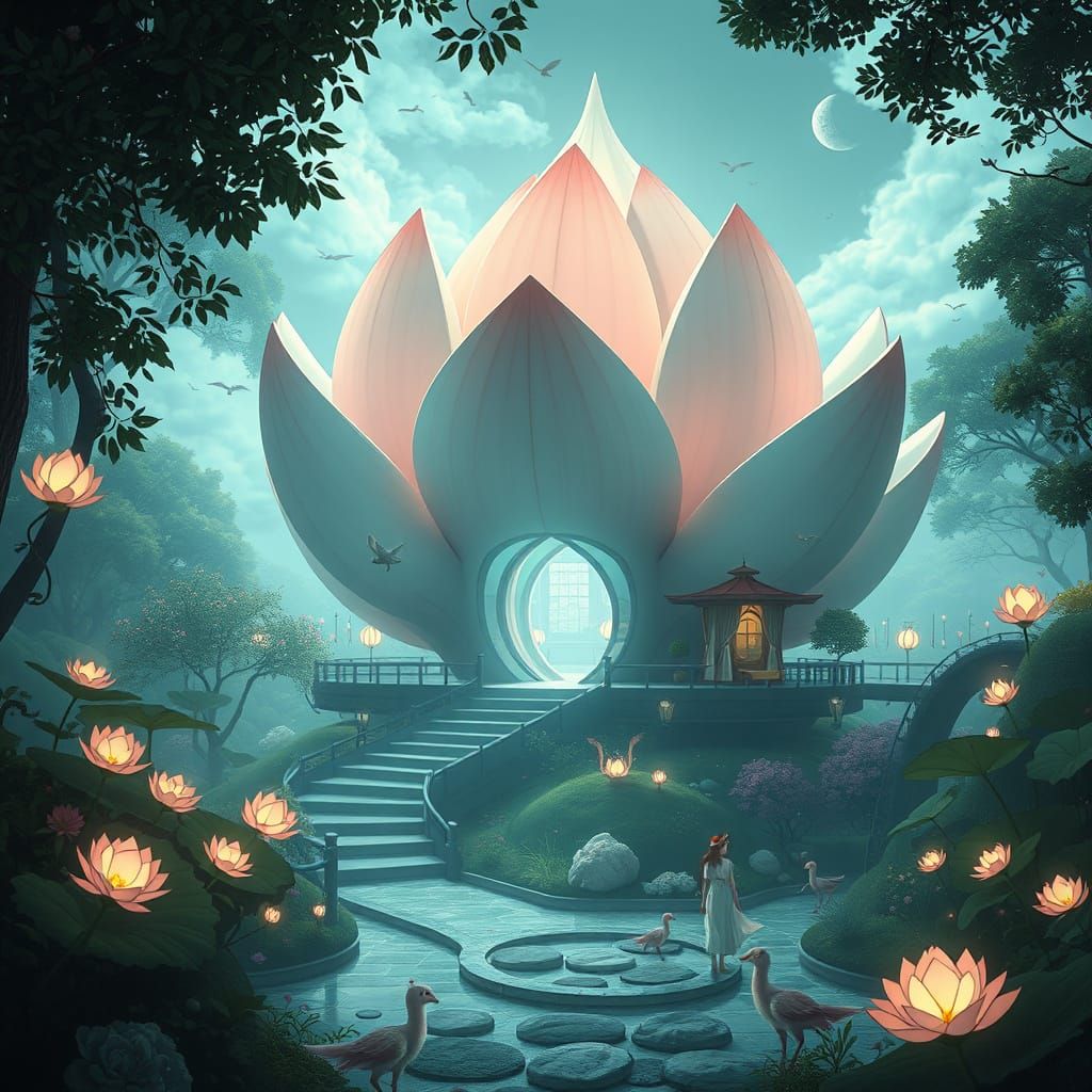 Futuristic Lotus Teahouse in Ghibli Style
