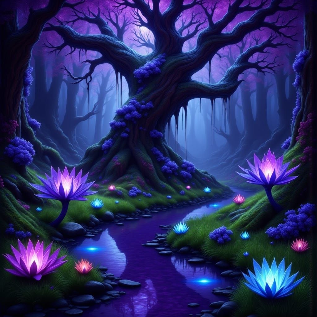 Ethereal Dusk Landscape with Twisted Lobby Tree and Cosmic C...