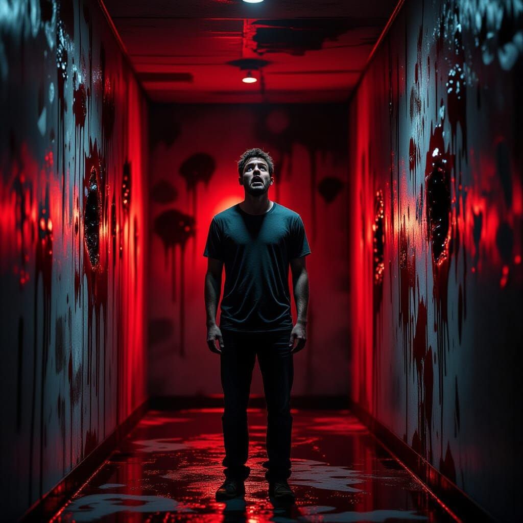 Terrified Man in Sinister Red Room with Pulsing Walls