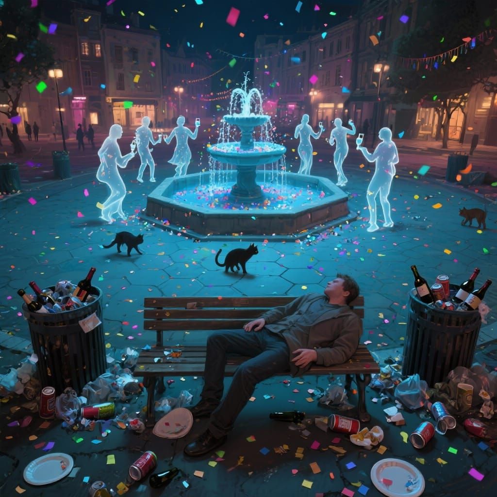 New Years Eve Plaza Aftermath with Confetti Ghosts