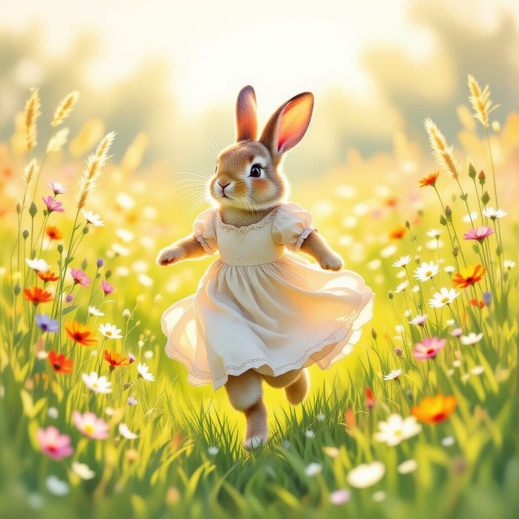 Bunny in Meadow, Watercolor Art Style