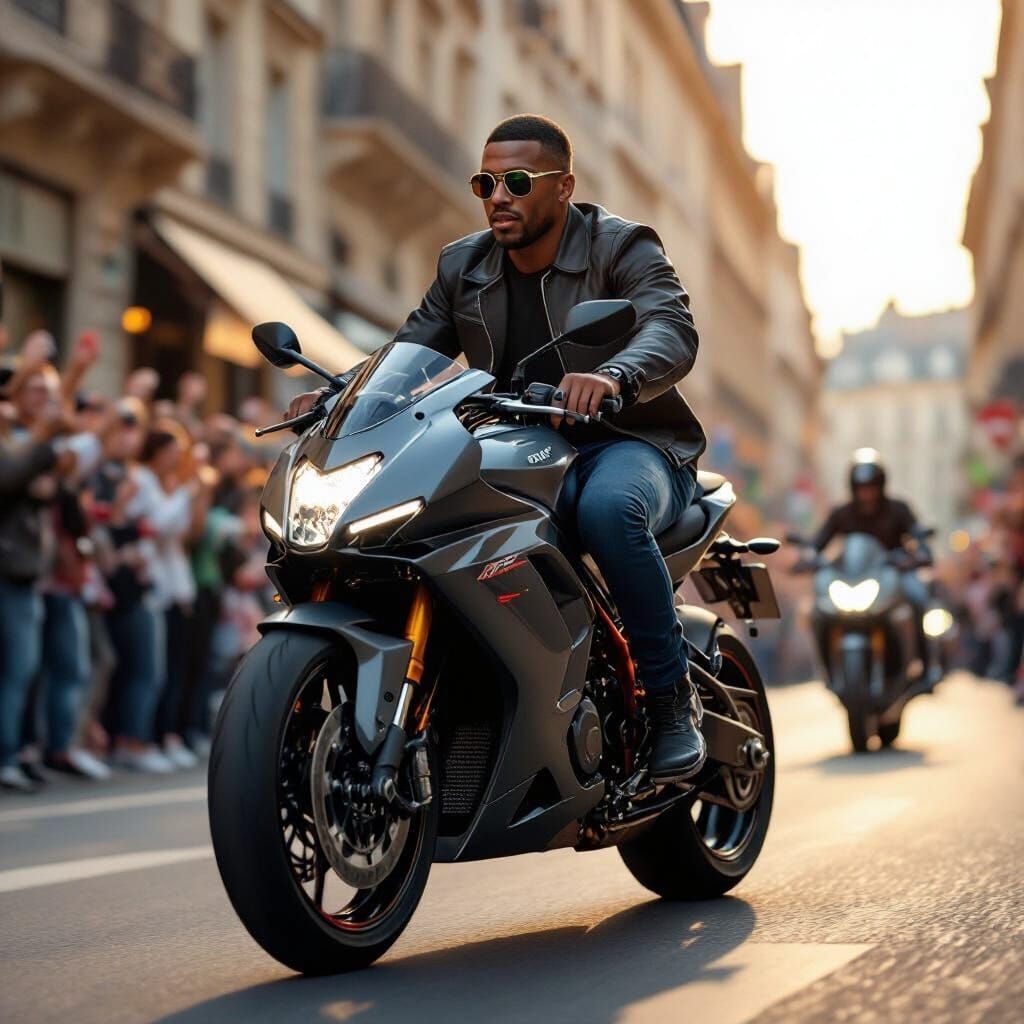 Kylian Mbappe on Motorbike in Golden City Light
