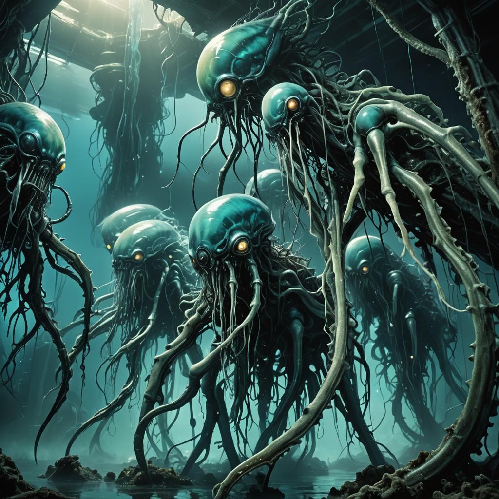 Eerie Dystopian Surrealism: Creatures Emerging from the Deep