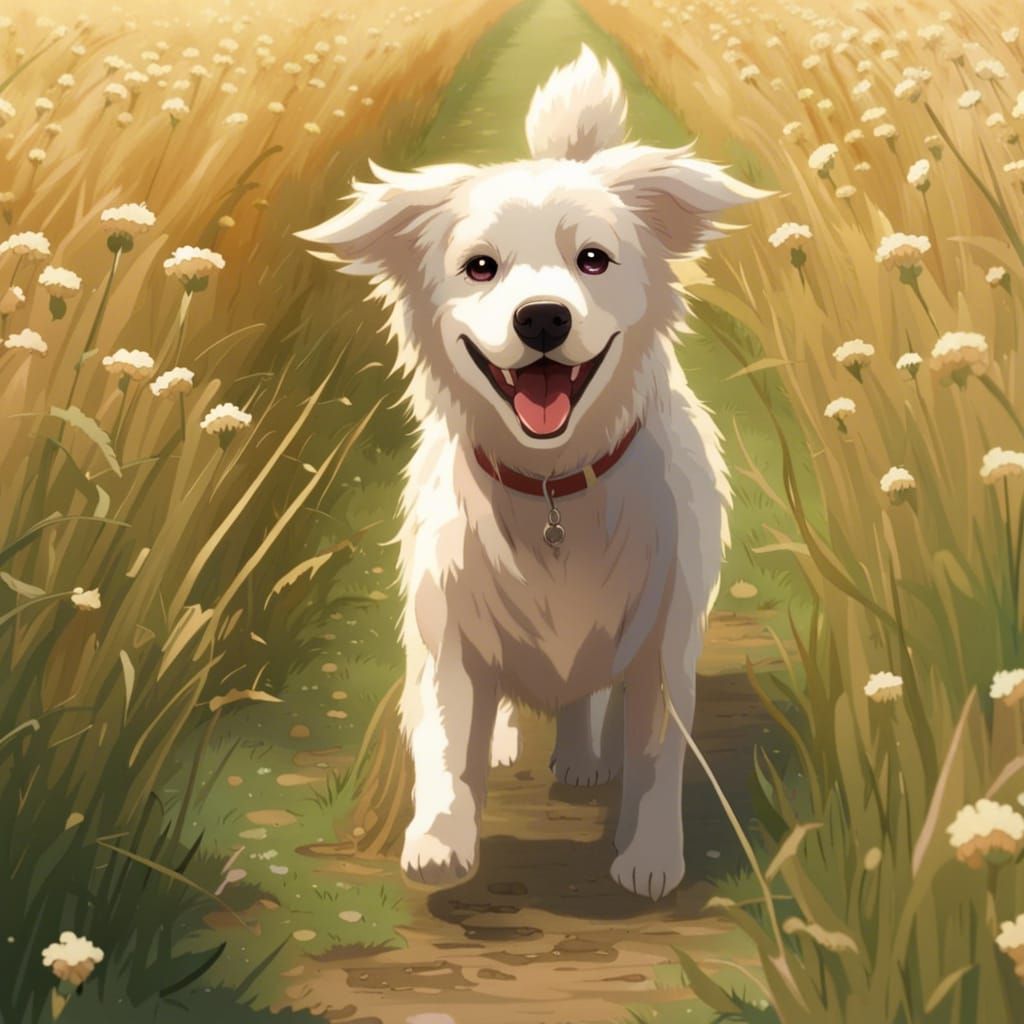 Happy Dog Running Through Field in Anime Style