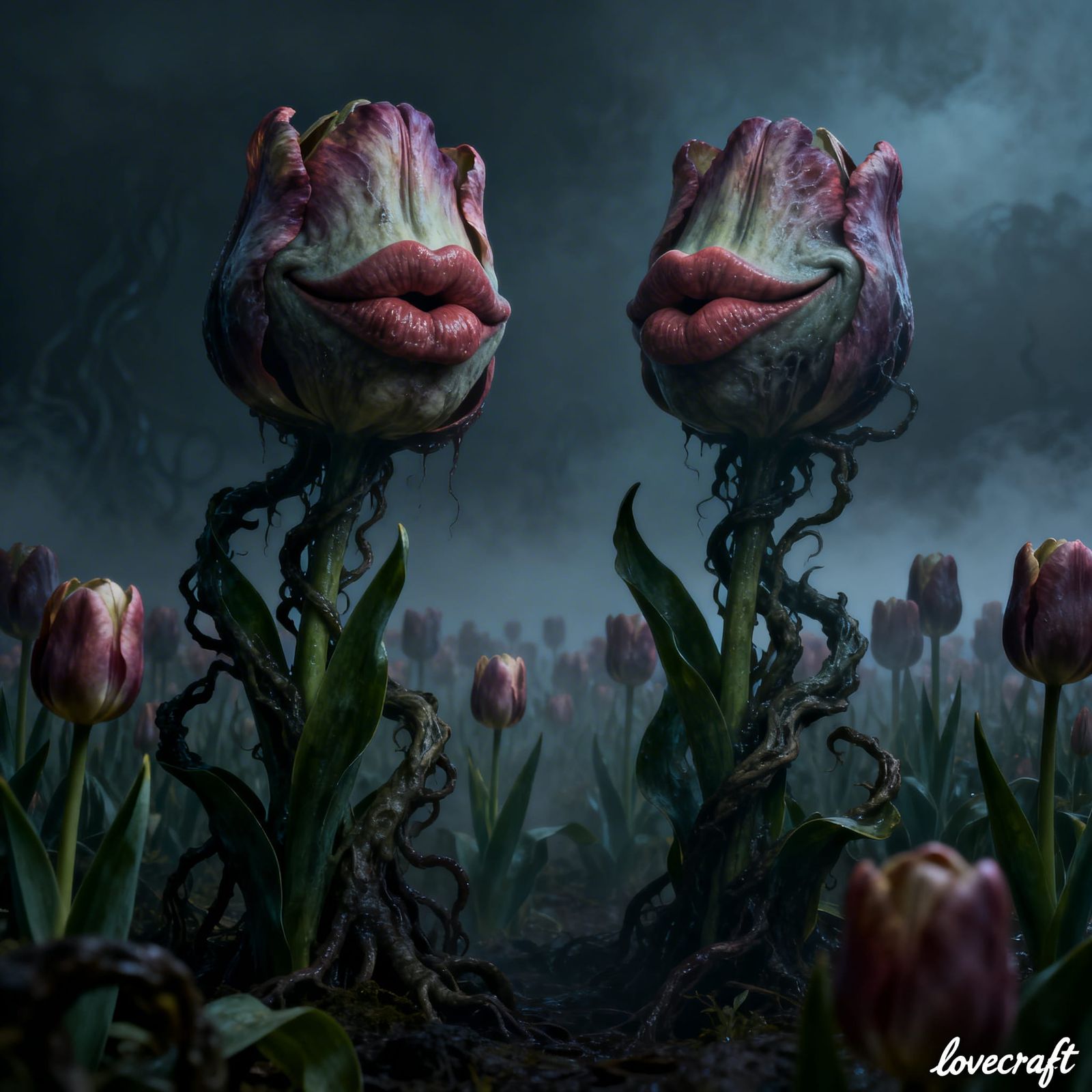Lovecraftian Tulips With Giant Lips Smiling