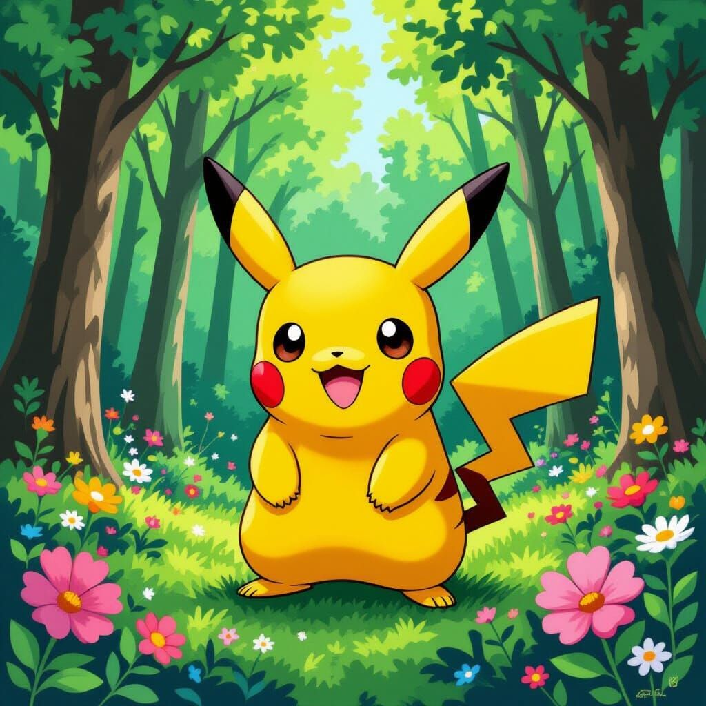 Pikachu in Lush Forest: Murakami & Garcia Style
