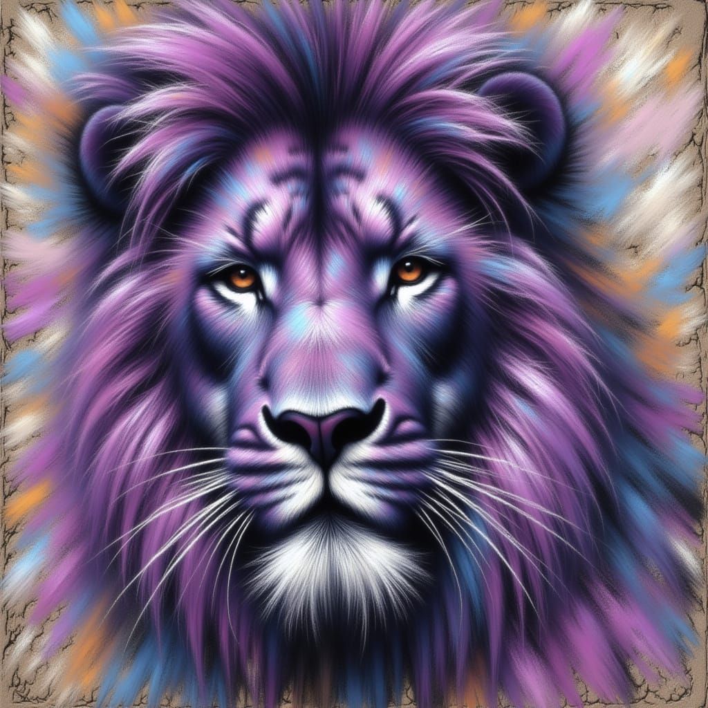 Vibrant Purple Lion in Chalky, Expressive Brushstrokes