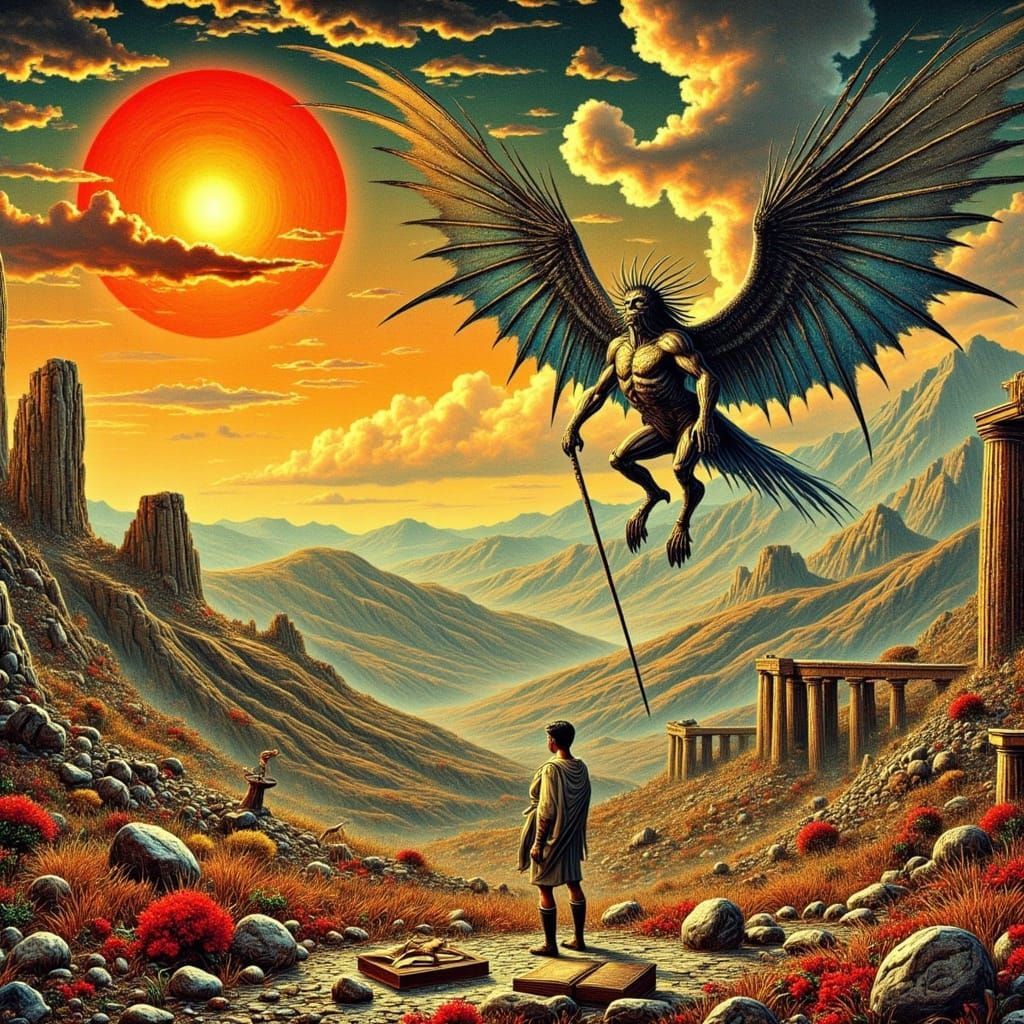 Surreal Roman Ruins Rise with a Demonic Winged Creature in a...