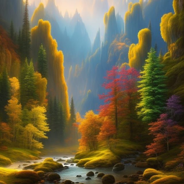 Lush Mountain Valley in Surreal Academic Style