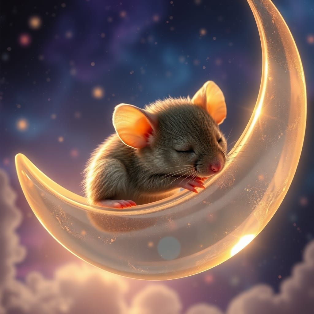 Mouse Sleeping on Moon in Starry Sky